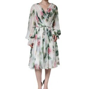 Dolce & Gabbana White Silk Floral Print A-line Midi Dress
